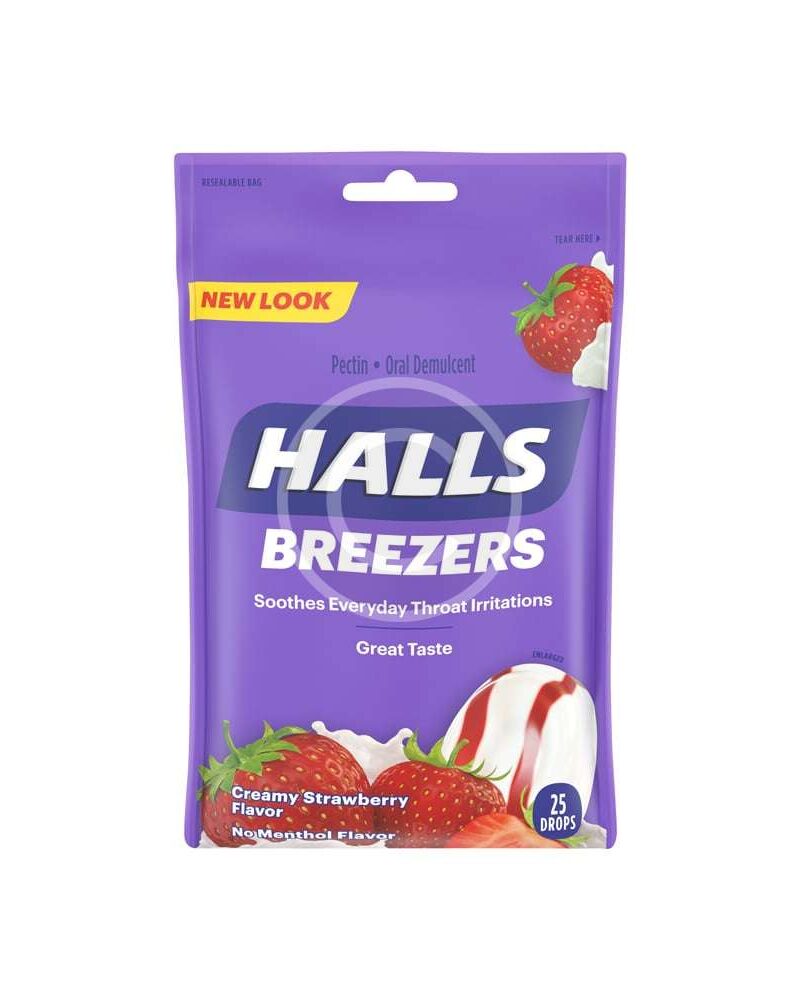 Halls Breezers Throat Drops, Pectin, Creamy Strawberry